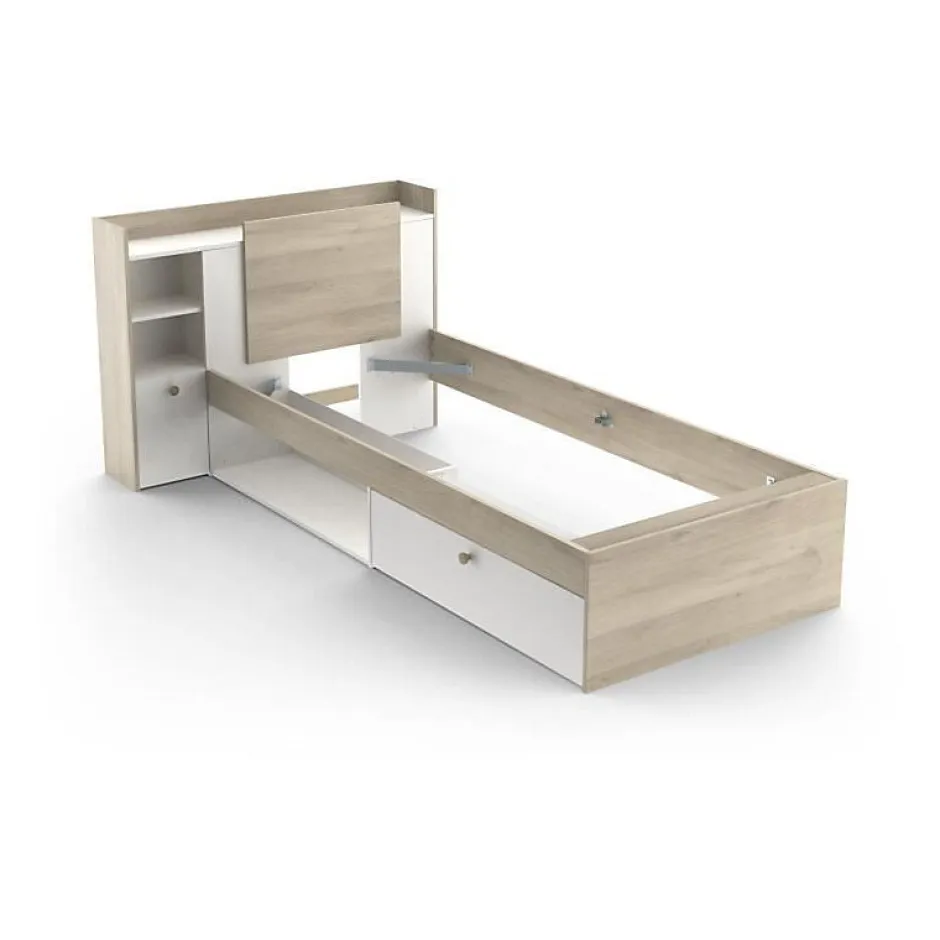 Demeyere Lit enfant LIFE 1 personne - 90X190/200 - Rangements - Décor Chene et blanc - - Fabriqué en France Outlet