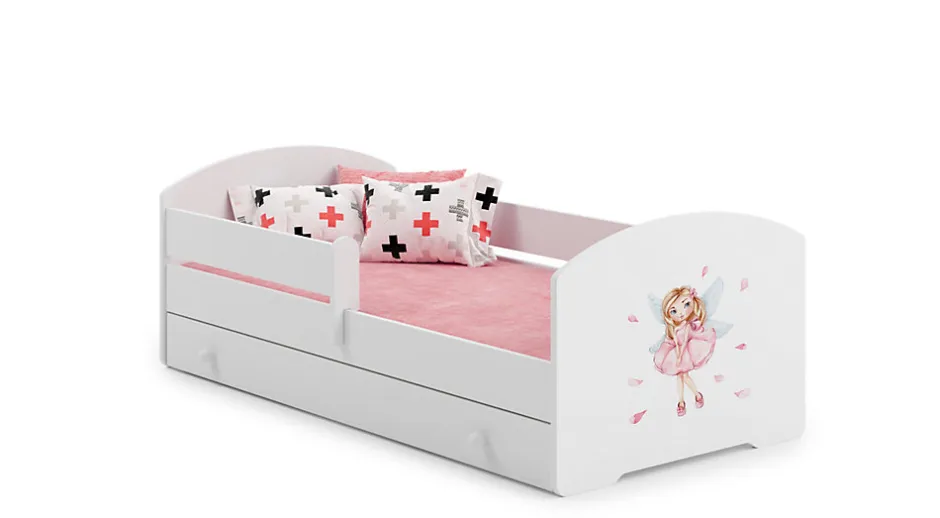 Htmeubles Lit enfant LOU avec tiroir balustrade et matelas inclus - Fée rose - 160 cm x 80 cm