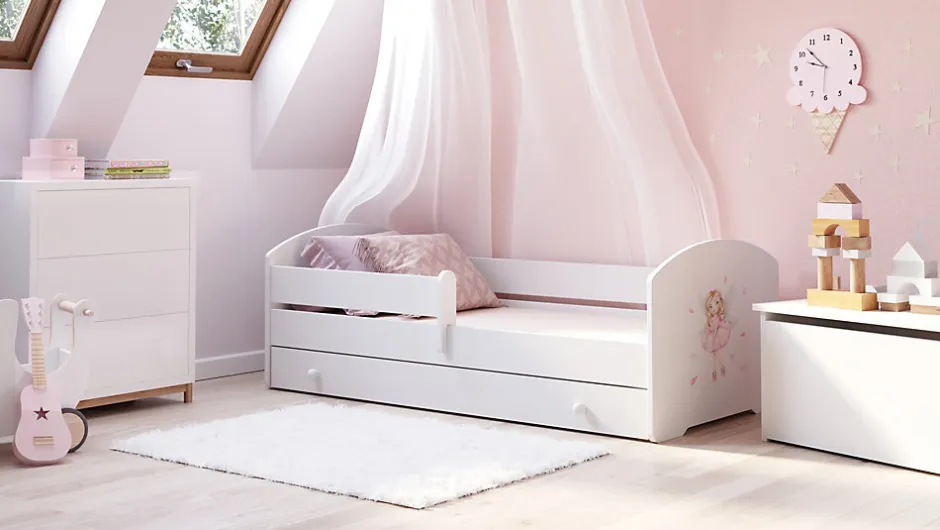 Htmeubles Lit enfant LOU avec tiroir balustrade et matelas inclus - Fée rose - 160 cm x 80 cm