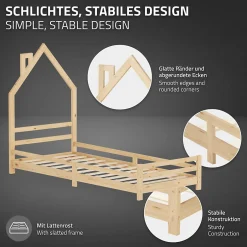 Enfant Ml-Design Lit enfant 90x200cm avec matelas H16cm naturel en bois forme de maison et sommier à lattes