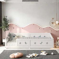 Enfant ProximaX Lit enfant Montessori 90x200 cm en pin massif, barrières étoiles et lune, peinture à l eau sûre, design sécurisé, Blanc