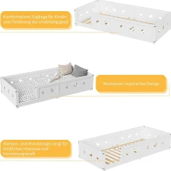 Enfant ProximaX Lit enfant Montessori 90x200 cm en pin massif, barrières étoiles et lune, peinture à l eau sûre, design sécurisé, Blanc