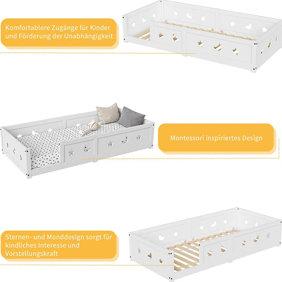 Enfant ProximaX Lit enfant Montessori 90x200 cm en pin massif, barrières étoiles et lune, peinture à l eau sûre, design sécurisé, Blanc
