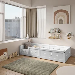Enfant ProximaX Lit enfant Montessori 90x200 cm en pin massif, barrières étoiles et lune, peinture à l eau sûre, design sécurisé, Blanc