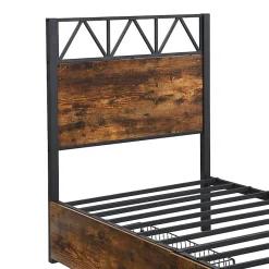 Simple Life Lit enfant métal et MDF 90x200cm noir et noyer, style vintage, avec 2 tiroirs sur roulettes