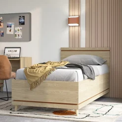 Meublorama Lit enfant NOKI 100x200 cm chene clair et moka Style scandinave sans sommier Discount