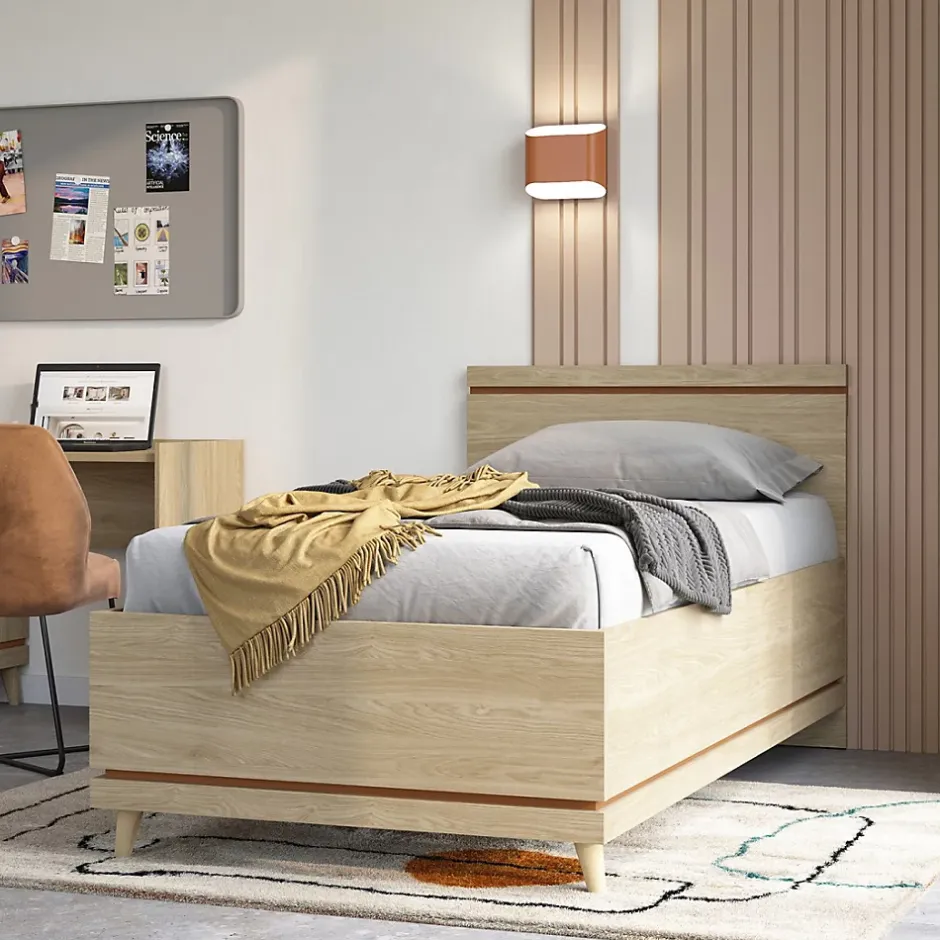 Meublorama Lit enfant NOKI 100x200 cm chene clair et moka Style scandinave sans sommier Discount