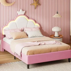 Fortuna lai Lit Enfant Rembourré 90 X 200 Cm, LED, Tête De Lit Et Sommier à Lattes Réglables En Hauteur, Rose New
