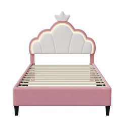 Fortuna lai Lit Enfant Rembourré 90 X 200 Cm, LED, Tête De Lit Et Sommier à Lattes Réglables En Hauteur, Rose New