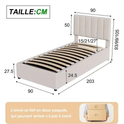 ProximaX Lit enfant rembourré 90x200 cm, lit coffre hydraulique, lit haut coffre en lin doux pour la peau, beige Best
