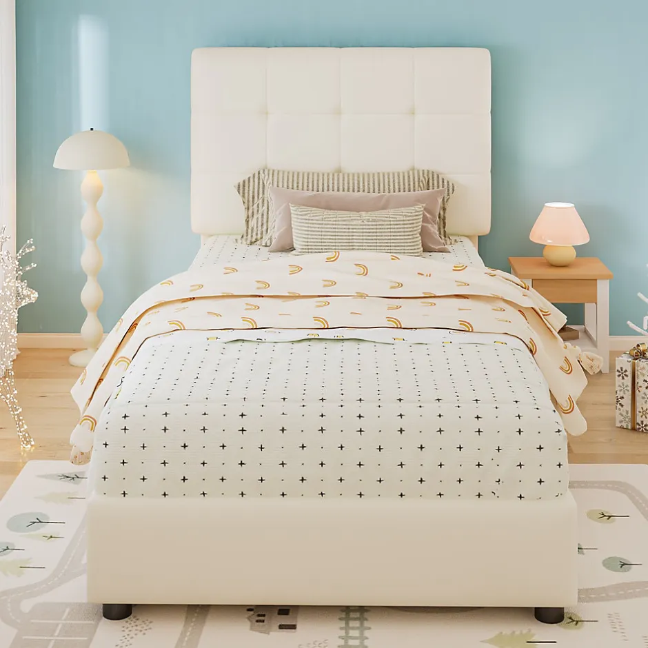Enfant ModernLuxe Lit enfant rembourré 90x200 cm - tête de lit en forme de biscuit - avec sommier à lattes - PU+contreplaqué - Beige(sans matelas)