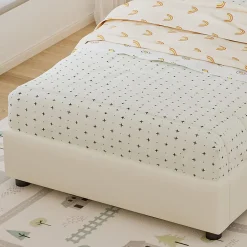 Enfant ModernLuxe Lit enfant rembourré 90x200 cm - tête de lit en forme de biscuit - avec sommier à lattes - PU+contreplaqué - Beige(sans matelas)