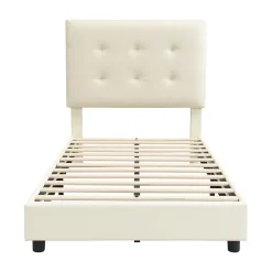 Enfant ModernLuxe Lit enfant rembourré 90x200 cm - tête de lit en forme de biscuit - avec sommier à lattes - PU+contreplaqué - Beige(sans matelas)