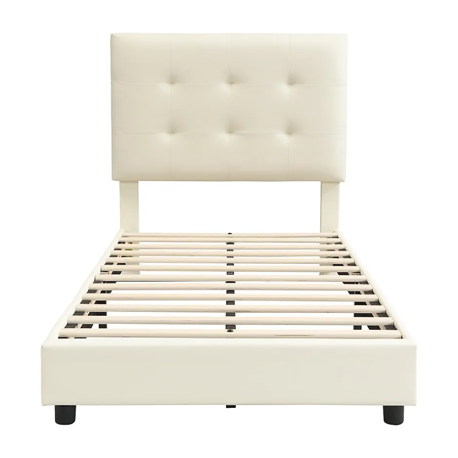 Enfant ModernLuxe Lit enfant rembourré 90x200 cm - tête de lit en forme de biscuit - avec sommier à lattes - PU+contreplaqué - Beige(sans matelas)