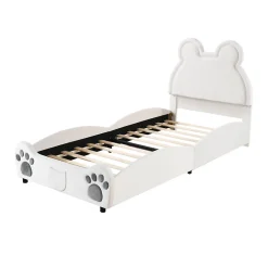 Fortuna lai Lit Enfant Rembourré 90x200 Cm, Avec Tête De Lit En Forme D'ours En Velours Doux Pour La Peau, Blanc Online