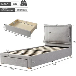 Blackcolors Lit enfant rembourré 90x200 cm, lattes, tête chenille, rangement - gris Sale