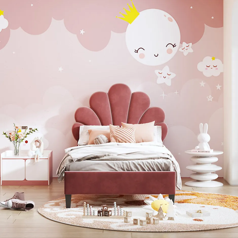 Enfant Fortuna lai Lit Enfant Rembourré 90x200 Cm Avec Tête De Lit Fleurie Et Sommier à Lattes, Velours, Rouge