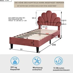 Enfant Fortuna lai Lit Enfant Rembourré 90x200 Cm Avec Tête De Lit Fleurie Et Sommier à Lattes, Velours, Rouge