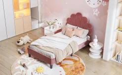 Enfant Fortuna lai Lit Enfant Rembourré 90x200 Cm Avec Tête De Lit Fleurie Et Sommier à Lattes, Velours, Rouge