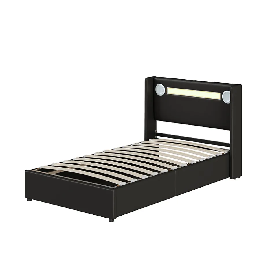 Enfant Fortuna lai Lit Enfant Rembourré 90x200cm Avec Bande Lumineuse LED Et Chargement USB, Sommier à Lattes, Noir