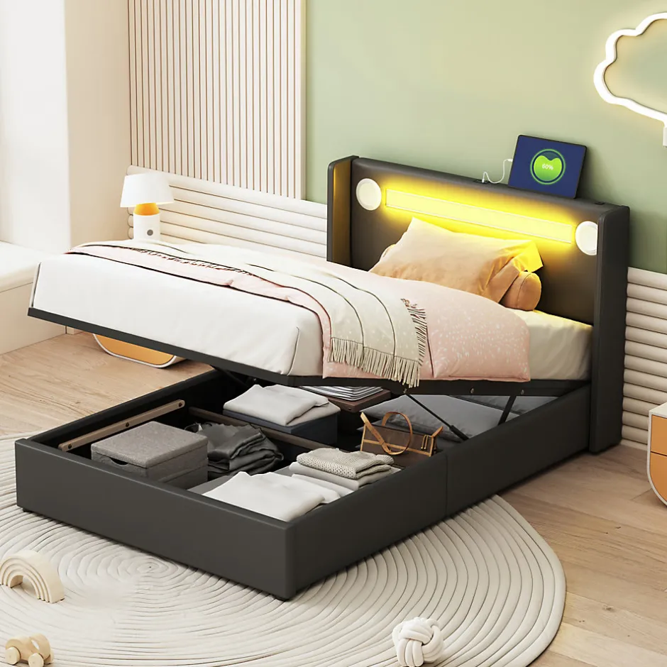 Enfant Fortuna lai Lit Enfant Rembourré 90x200cm Avec Bande Lumineuse LED Et Chargement USB, Sommier à Lattes, Noir