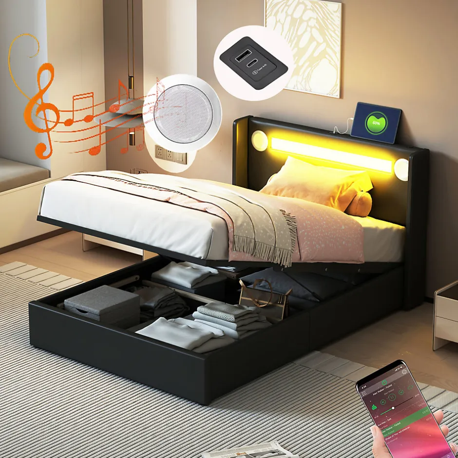 Enfant Fortuna lai Lit Enfant Rembourré 90x200cm Avec Bande Lumineuse LED Et Chargement USB, Sommier à Lattes, Noir