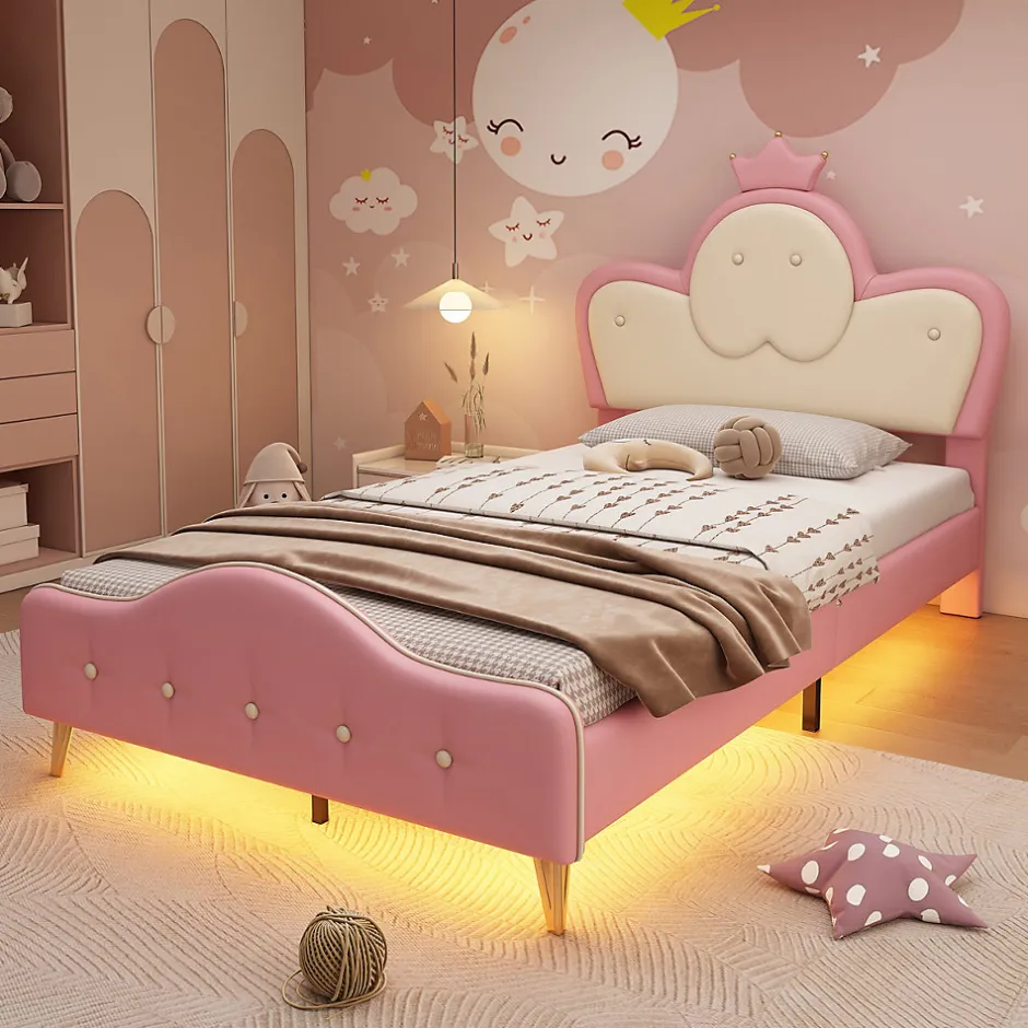 Simple Life Lit enfant rembourré 90x200cm rose et blanc, LED intégrée, tête de lit avec couronne et vagues décoratives