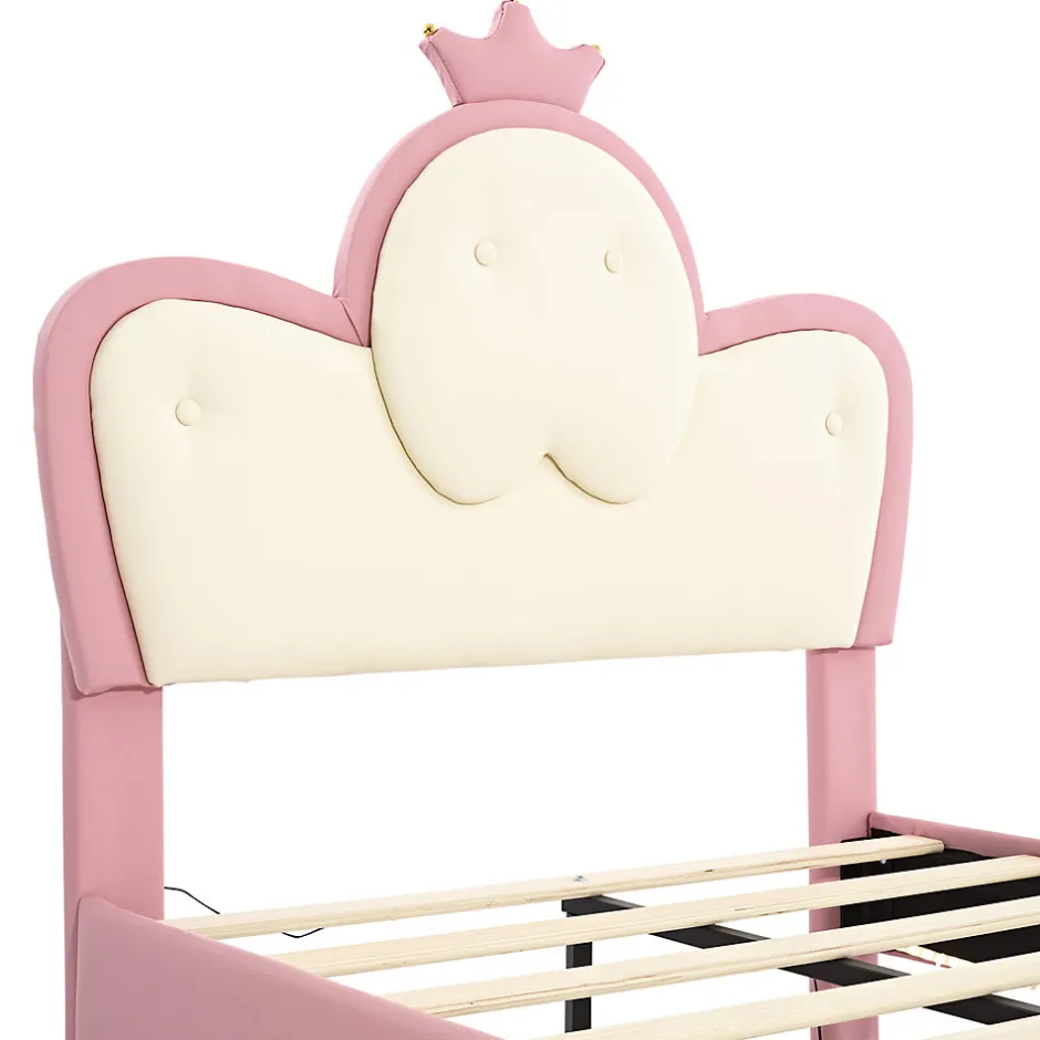 Simple Life Lit enfant rembourré 90x200cm rose et blanc, LED intégrée, tête de lit avec couronne et vagues décoratives