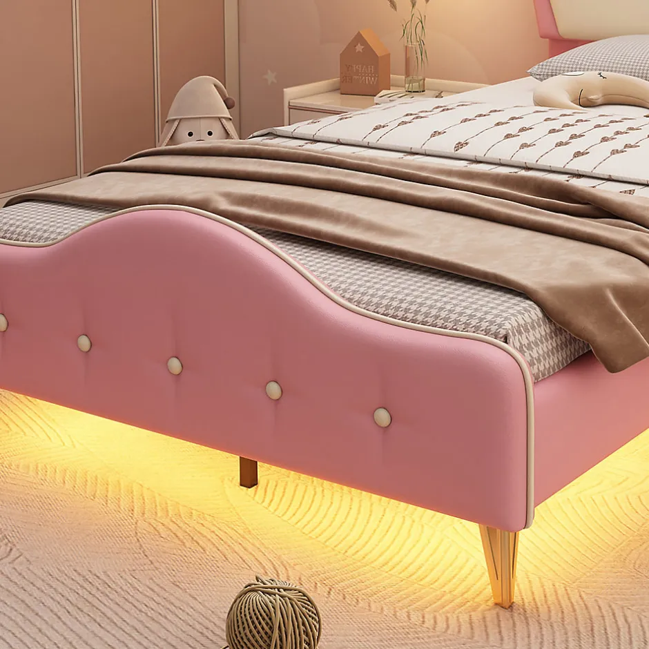 Simple Life Lit enfant rembourré 90x200cm rose et blanc, LED intégrée, tête de lit avec couronne et vagues décoratives