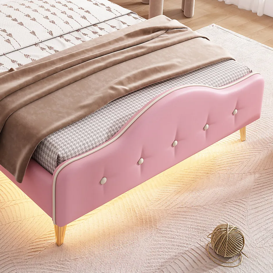 Simple Life Lit enfant rembourré 90x200cm rose et blanc, LED intégrée, tête de lit avec couronne et vagues décoratives