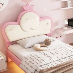 Simple Life Lit enfant rembourré 90x200cm rose et blanc, LED intégrée, tête de lit avec couronne et vagues décoratives