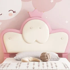 Simple Life Lit enfant rembourré 90x200cm rose et blanc, LED intégrée, tête de lit avec couronne et vagues décoratives