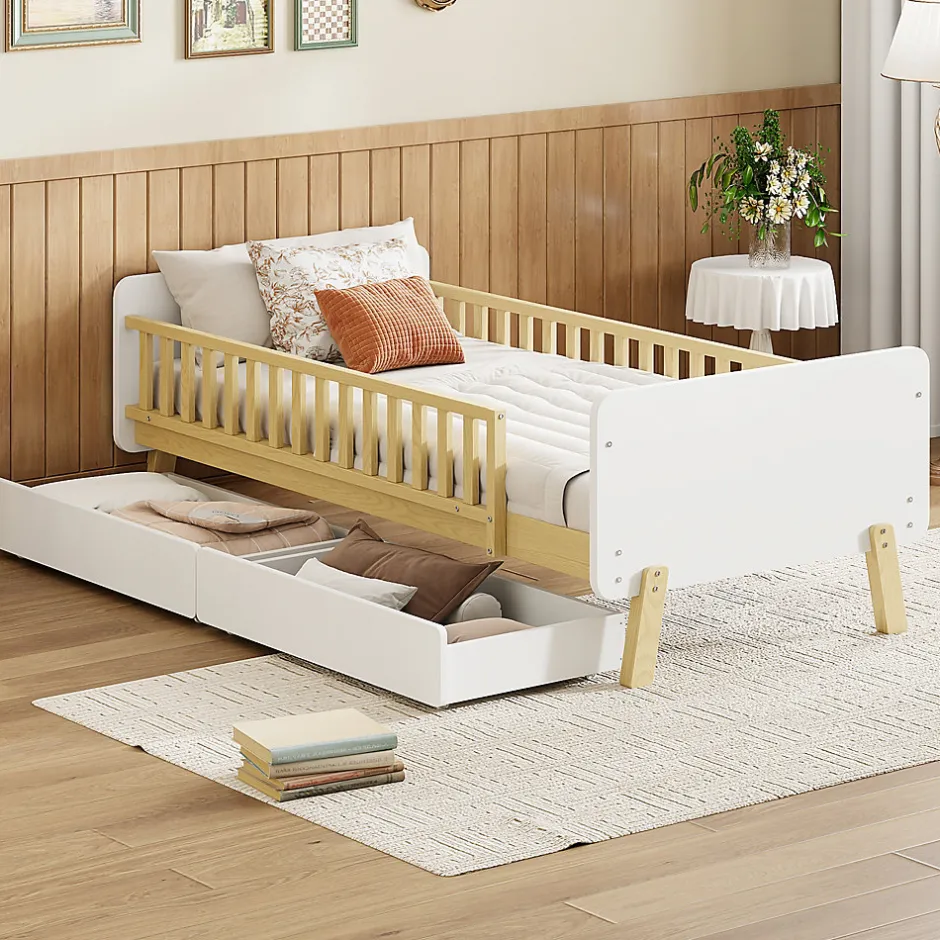 Enfant Okwish Lit enfant Simple 90x190 cm Bois Blanc avec 2 Tiroirs et Sommier À Lattes, Multifonction pour Chambre Fille Ou Garçon, Blanc