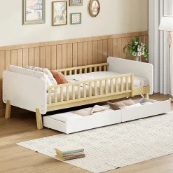 Enfant Okwish Lit enfant Simple 90x190 cm Bois Blanc avec 2 Tiroirs et Sommier À Lattes, Multifonction pour Chambre Fille Ou Garçon, Blanc