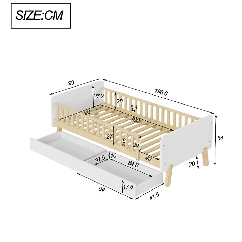 Enfant Okwish Lit enfant Simple 90x190 cm Bois Blanc avec 2 Tiroirs et Sommier À Lattes, Multifonction pour Chambre Fille Ou Garçon, Blanc