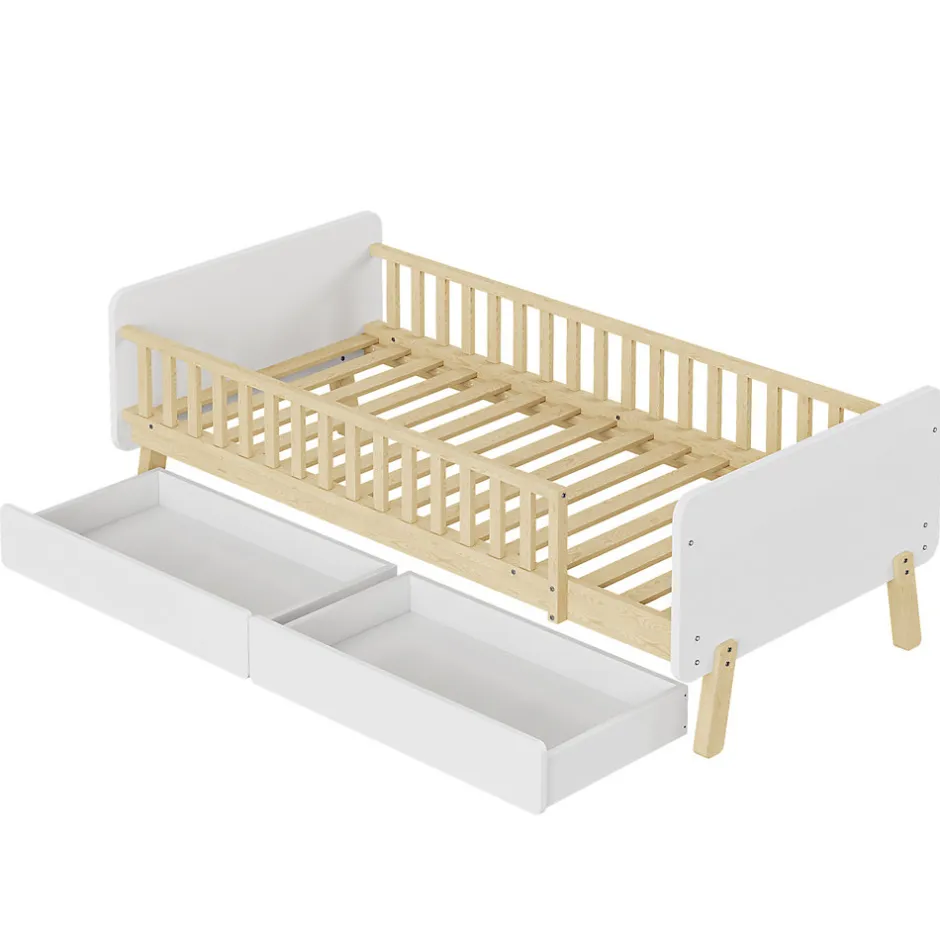 Enfant Okwish Lit enfant Simple 90x190 cm Bois Blanc avec 2 Tiroirs et Sommier À Lattes, Multifonction pour Chambre Fille Ou Garçon, Blanc