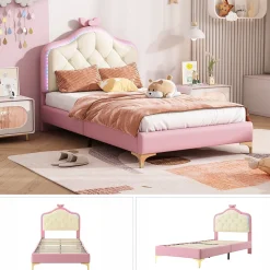 Enfant Okwish Lit enfant simple 90x200 cm rembourré avec bande LED colorée, tête ondulée et nœud décoratif, similicuir rose sans matelas