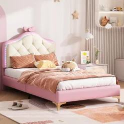 Enfant Okwish Lit enfant simple 90x200 cm rembourré avec bande LED colorée, tête ondulée et nœud décoratif, similicuir rose sans matelas