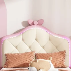 Enfant Okwish Lit enfant simple 90x200 cm rembourré avec bande LED colorée, tête ondulée et nœud décoratif, similicuir rose sans matelas