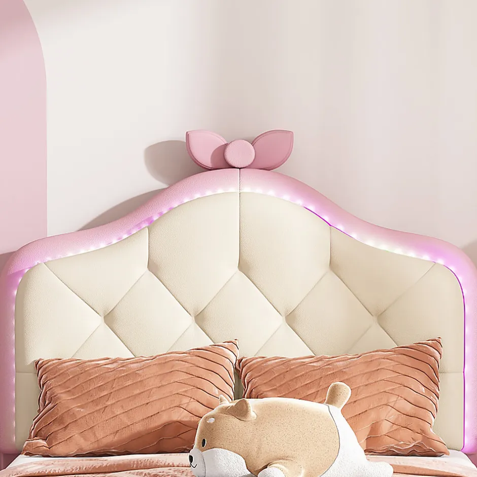 Enfant Okwish Lit enfant simple 90x200 cm rembourré avec bande LED colorée, tête ondulée et nœud décoratif, similicuir rose sans matelas