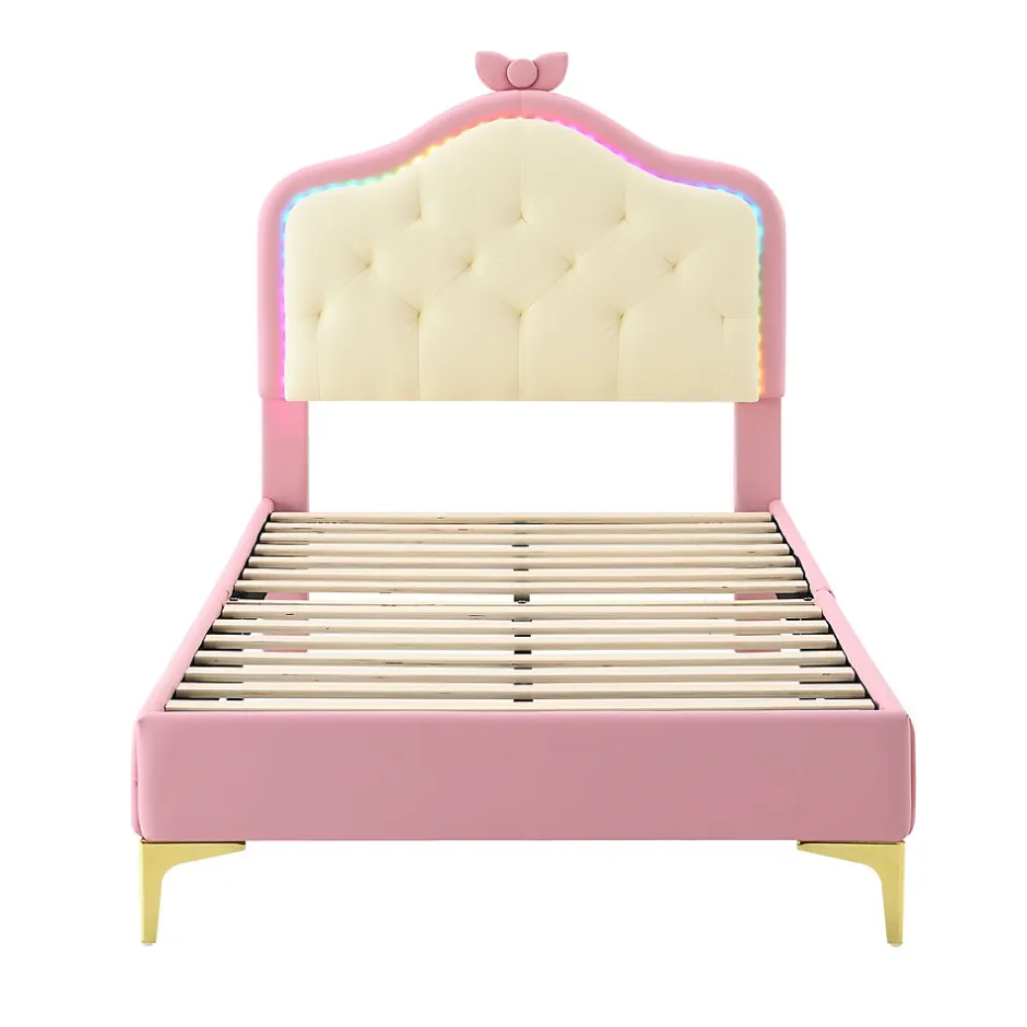 Enfant Okwish Lit enfant simple 90x200 cm rembourré avec bande LED colorée, tête ondulée et nœud décoratif, similicuir rose sans matelas