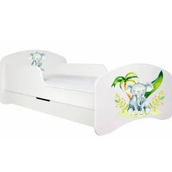 Monmobilierdesign Lit enfant 190X90 Blanc Motif éléphant + matelas mousse sarrasin avec tiroir