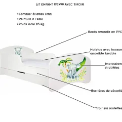 Monmobilierdesign Lit enfant 190X90 Blanc Motif éléphant + matelas mousse sarrasin avec tiroir