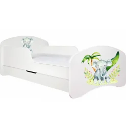 Monmobilierdesign Lit enfant 140X70 Blanc Motif éléphant + matelas mousse sarrasin coco avec tiroir New