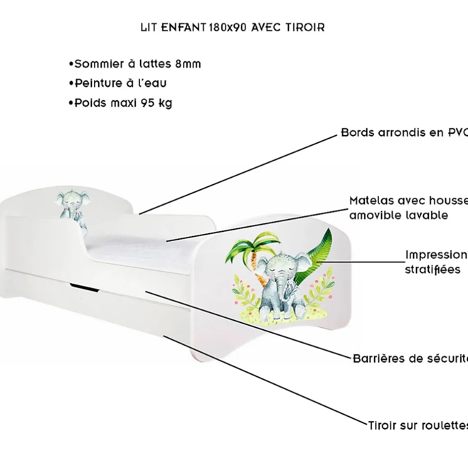 Monmobilierdesign Lit enfant 180X90 Blanc Motif éléphant + matelas mousse avec tiroir Clearance