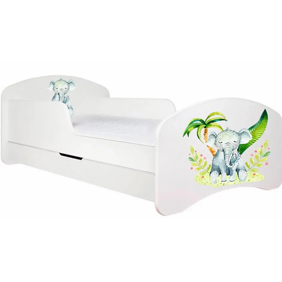 Monmobilierdesign Lit enfant 180X90 Blanc Motif éléphant + matelas mousse avec tiroir Clearance
