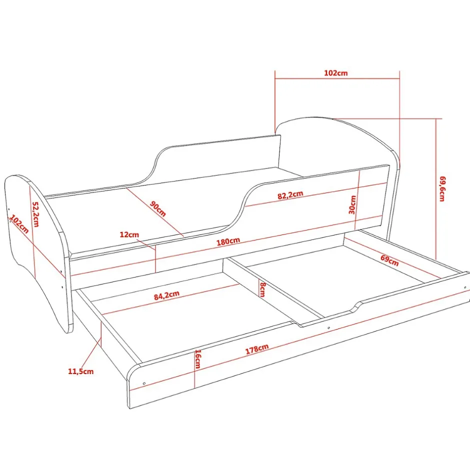 Monmobilierdesign Lit enfant 180X90 Blanc Motif éléphant + matelas mousse avec tiroir Clearance