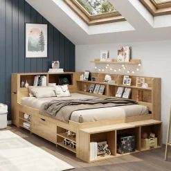 ModernLuxe Lit enfant 90x200 cm - avec 1 tiroir - avec bibliothèque et rangement - sommier à lattes - naturel (sans matelas) Online