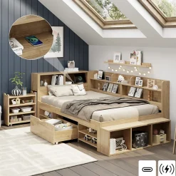 ModernLuxe Lit enfant 90x200 cm - avec 1 tiroir - avec bibliothèque et rangement - sommier à lattes - naturel (sans matelas) Online