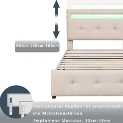 Okwish Lit enfant 90x200 cm - avec 2 Tiroirs et Éclairage LED, Lit Confortable en Lin Beige, Rangement Sous Le Lit, Sans Matelas Discount